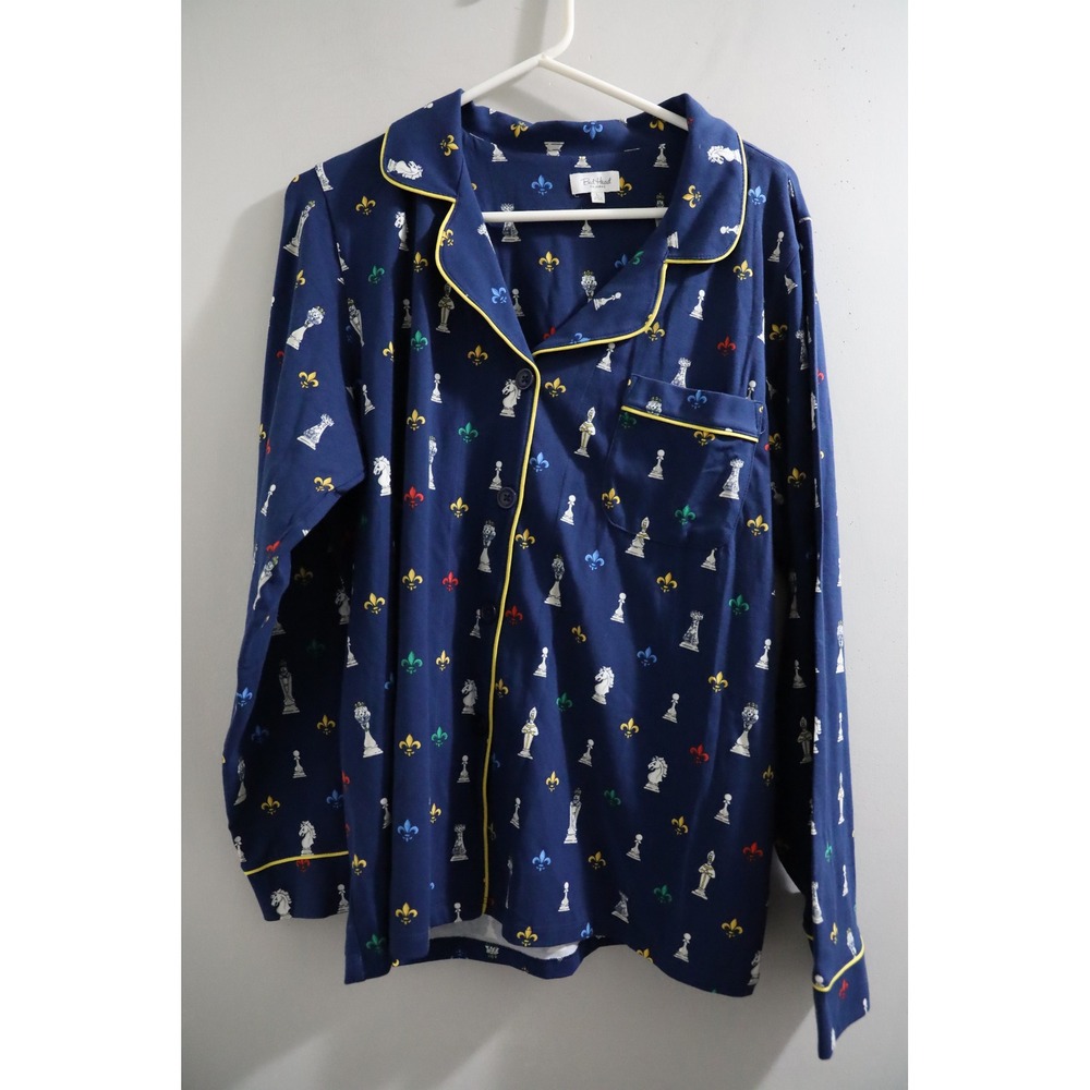 BedHead Pajamas Mens Large‎ Navy Blue Chess Piece Fleur-de-lis Sleep Shirt Top
